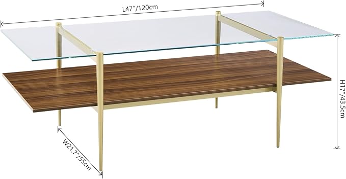 Saint Mossi Tadio X-Large Glass Coffee Table, Clear Double Layer Glass Coffee Table for Living Room, Clear Glass & Coffee Brown Bottom Shelf