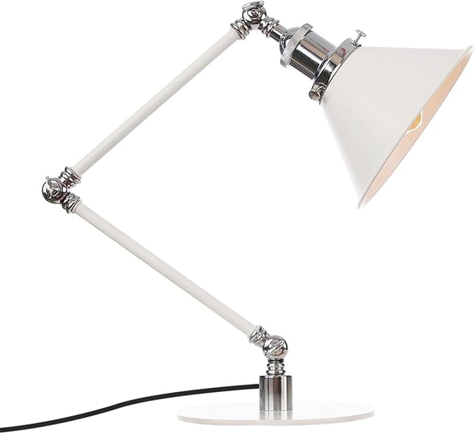 Makeup Vintage Desk Lamp, Industrial Metal Task Table Lamp with Adjustable Swing Arm, Bedroom Bedside Night Light Cafe Retro Reading Lighting,White