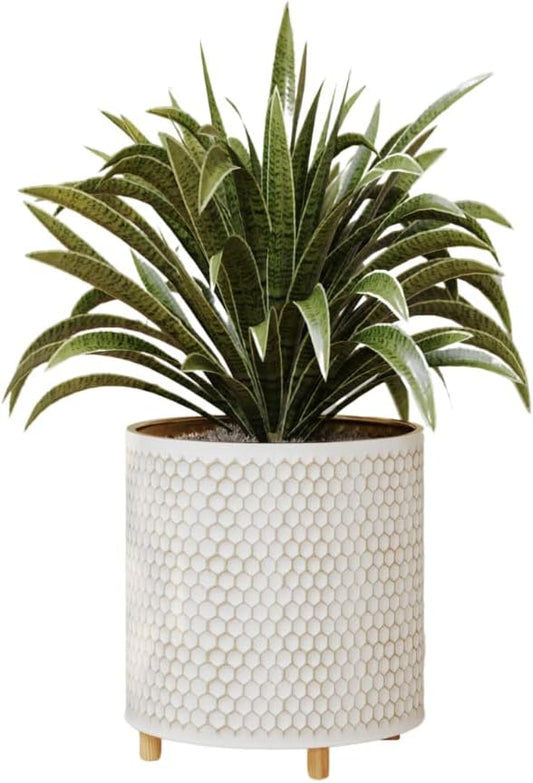 EverNest Honeycomb Gold and White Planter with Wooden Peg Leg Stand, 12-Inch Plant Pot, SelectBase, Mid-Century Modern, Indoor Home Decor Planters (Large, 3 Gallon)