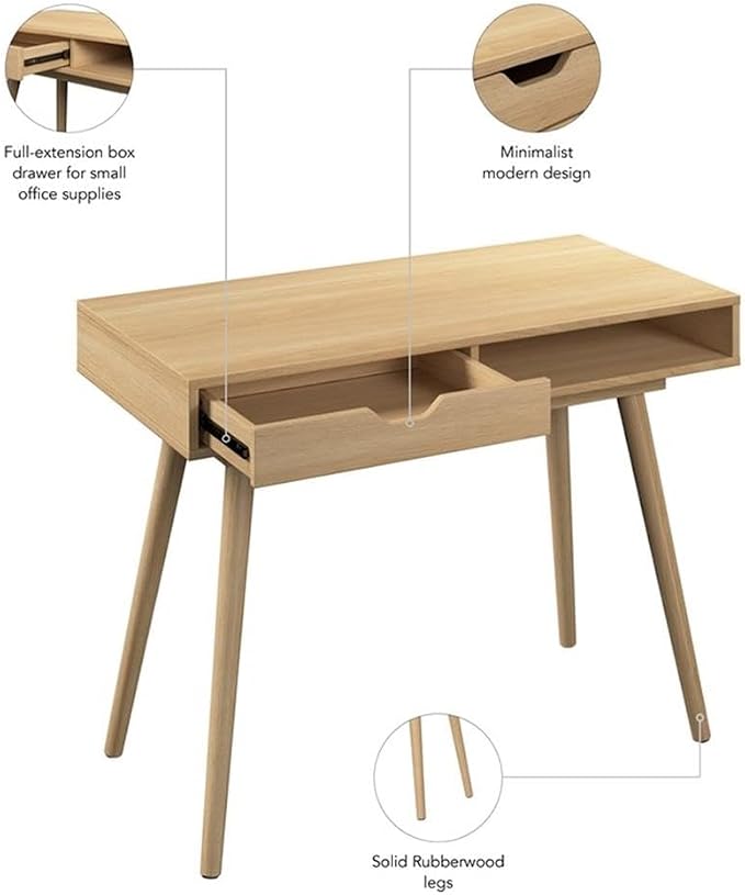 Bush Home Nora 40W Writing Desk in Natural Oak | Compact Writing Table with Storage, Workstation for Home Office or Study Room