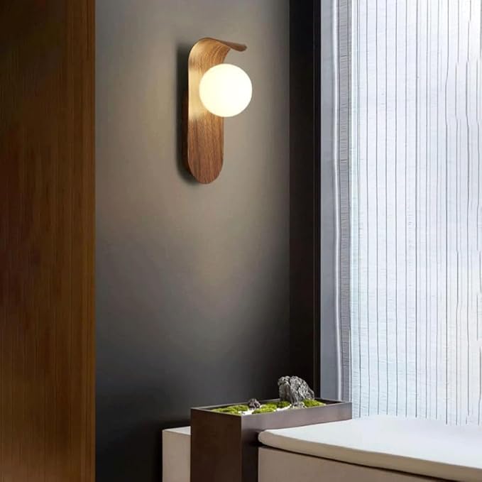 Mid Century Wall Sconce Walnut Texture Glass Globe Wall Lighting Wood Industrial Farmhouse Wall Light Bedside Indoor Retro Industrial Wall Mounted Lamp for Living Room Bedroom Bathroom