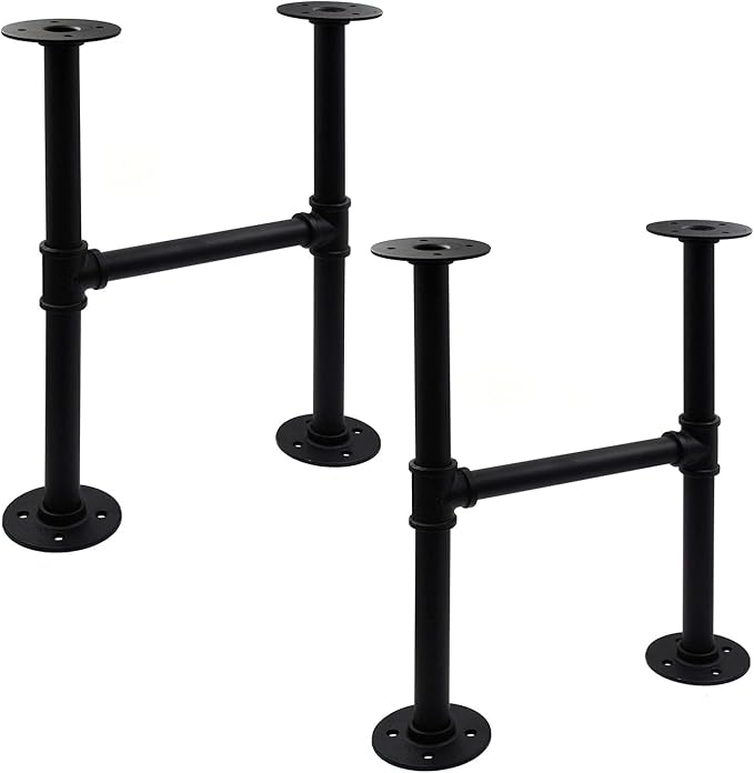 16 Inch Industrial Pipe Table Leg Set, Iron Base Legs for Coffee Tables, Desks, NightstandVintage, Dark Grey Black Rough Pipes, 2pcs