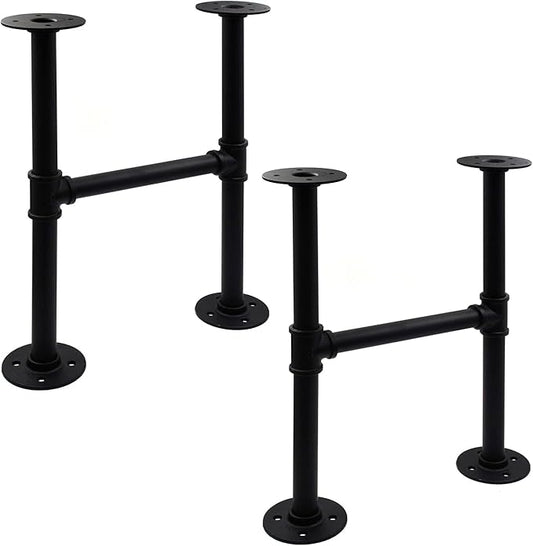 16 Inch Industrial Pipe Table Leg Set, Iron Base Legs for Coffee Tables, Desks, NightstandVintage, Dark Grey Black Rough Pipes, 2pcs