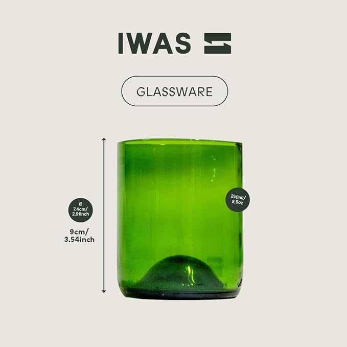 IWAS Upcycled Green Drinking Glasses | 250 ML | 8.45 OZ | Set of 6 | Sustainable Water Glass | Environmentally Friendly Dark Green Glassware