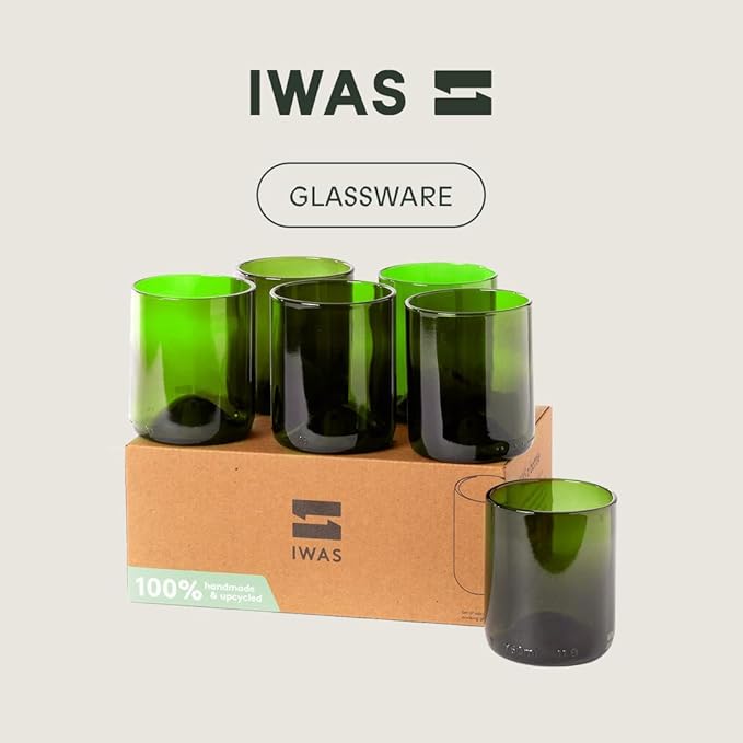 IWAS Upcycled Green Drinking Glasses | 250 ML | 8.45 OZ | Set of 6 | Sustainable Water Glass | Environmentally Friendly Dark Green Glassware