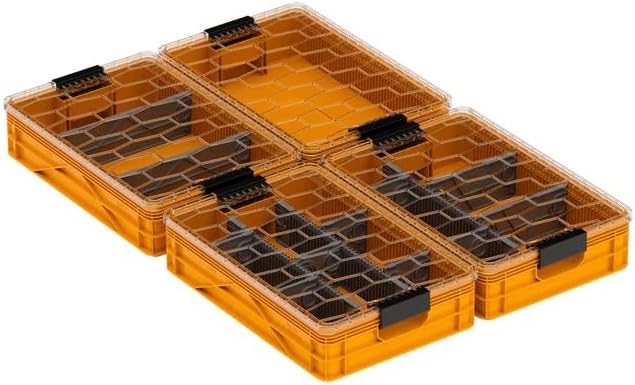 SIDIO Quarter Crate 4 Pack of Stackable Storage Bins - Organizer Bins with Dividers for Garage Organization, Home Storage - Heavy Duty Plastic Containers - 19.16” x 12.75”x 4.57” (Sol)