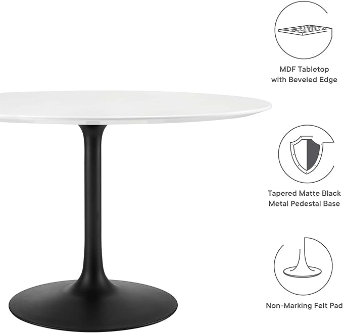 Modway Lippa 47" Round Wood Dining Table, White Top, Black Base