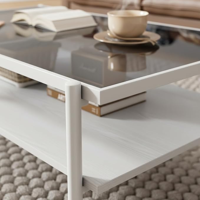Mid Century Modern 2-Tier Coffee Table with Gray Tempered Glass Top & Wood Storage Shelf – Space-Saving Center Table for Living Room, Apartment & Small Spaces (White-A)