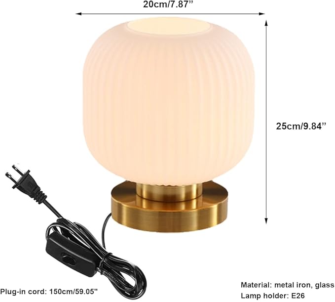 mid Century Modern Table lamp Gold Desk lamp White Ribbed Glass Shade Globe Table lamp nightstand lamp Small Table lamp for Bedside end Table Bedroom Living Room Office