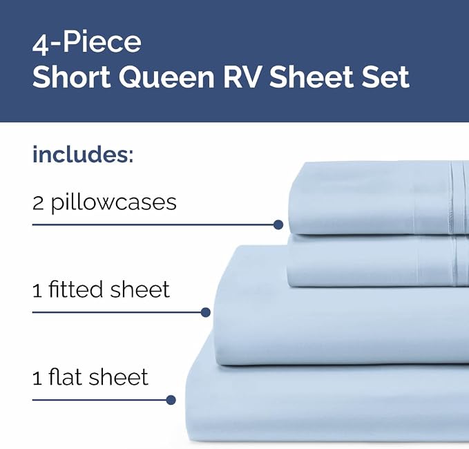 Short Queen Size 4 Piece Sheet Set - RV Short Queen, Ultra-Soft, Breathable & Cooling Bed Sheets Set with Deep Pockets - Hotel Luxury Bedding for Women & Men - Wrinkle Free & Fade Resistant - Sky Blue
