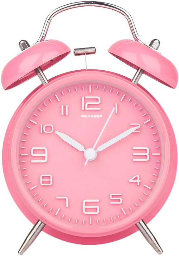 Peakeep 4 Inches Twin Bell Loud Alarm Clock for Heavy Sleepers Kids, Battery Operated Old Fashioned Alarm Clock (3D-Dial, Pink)