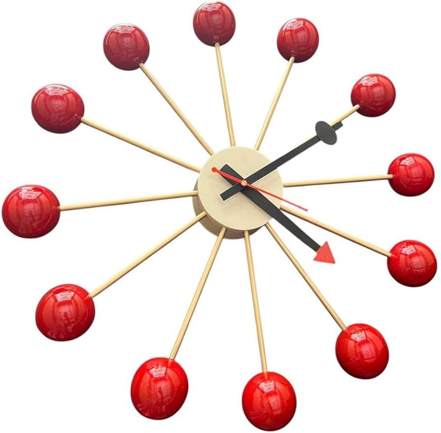 Mid Century Modern Ball Clock – George Nelson Style Wooden Wall Clock, Retro Starburst Design, Silent Non-Ticking Decorative Wall Decor for Living Room, Office, Kitchen & Home (Red, 20 Inch)