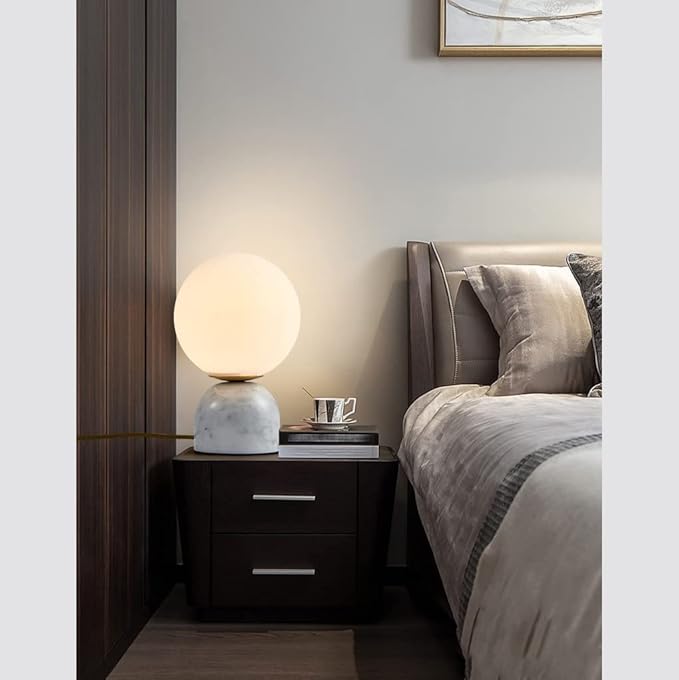 Meefad Globe Bedside Lamp, Modern Cute Night Light with Glass Shade, Marble Base, Small Table Lamp for Bedroom - White