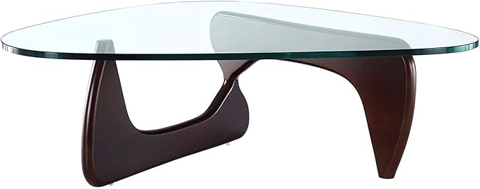 EMODERN FURNITURE - Mid-Century Modern Style Coffee Table Glass Top Hardwood Base (Dark Walnut)