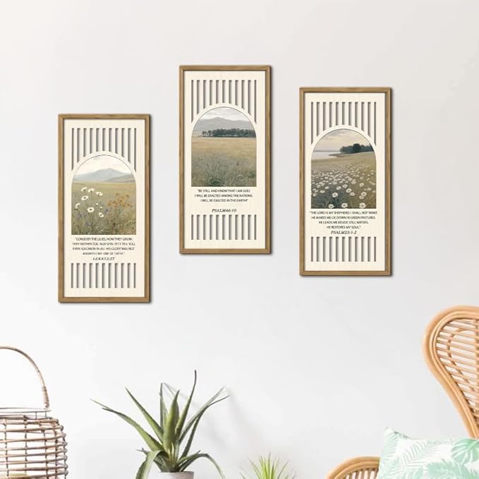 IARTTOP 3Pcs Bible Verse Flowers Framed Wall Art Christian Scripture Wood Wall Decor Jesus Religious Natural Landscape Art Prints for Church Prayer Christian Living Room Decor 8 x16 Inch