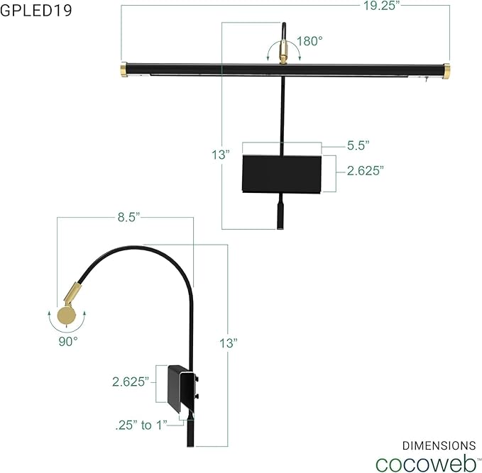 Cocoweb 19" LED Grand Piano Light in Black with Brass Accents with Dimmer Clip