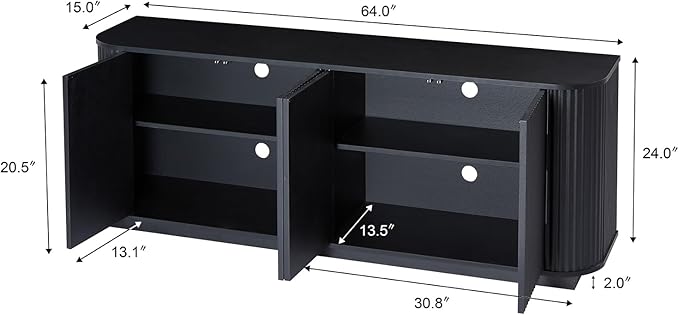 LKTART 64" Sideboard Buffet Cabinet with Storage, Wooden Fluted Storage Cabinet Sideboard Credenza with Adjustable Shelves Pressed Spring for Kitchen Living Room (Black)