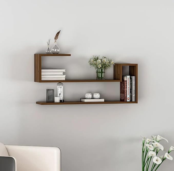 Geometric Wall Shelf: Modern MDF Floating Bookshelf (Walnut)