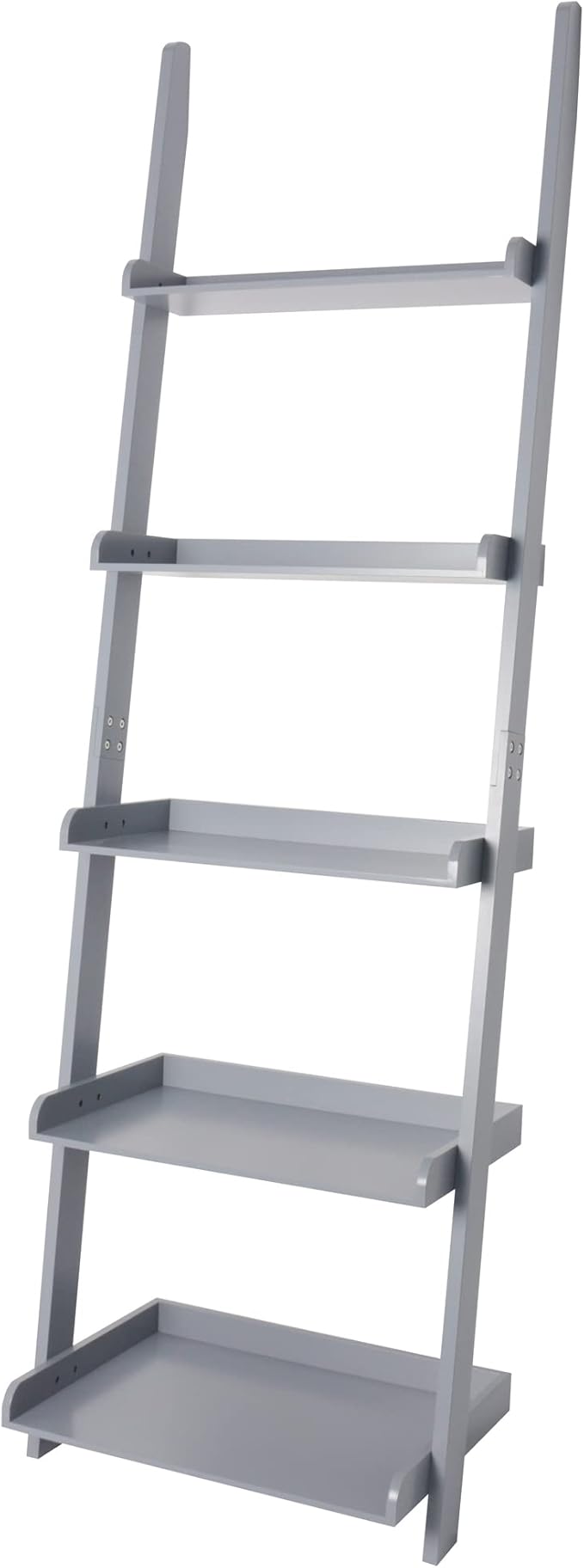 eHemco Modern 5 Tier Leaning Wall Ladder Bookshelf Organizer, Storage Rack, 70 Inches, Gray