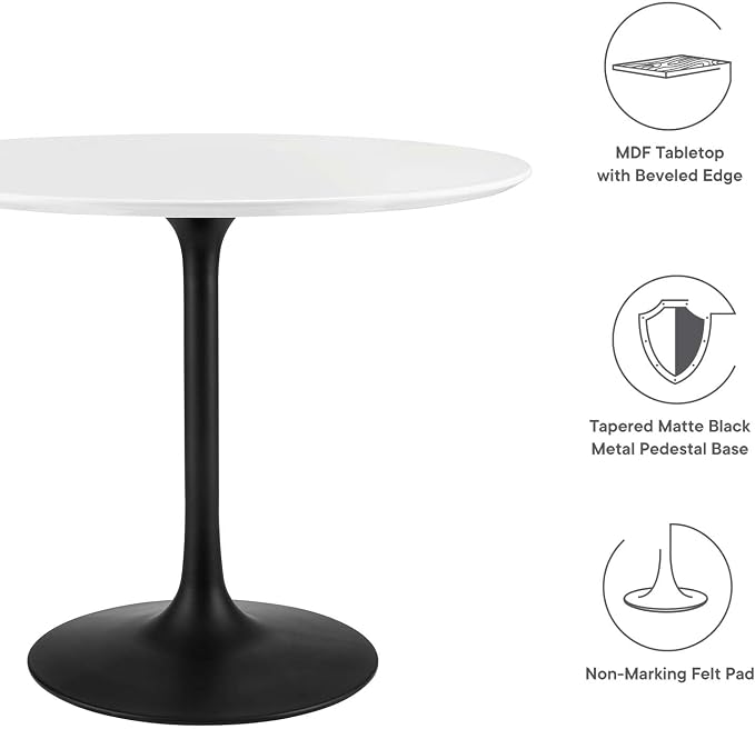 Modway Lippa 36" Round Wood Dining Table, White Top, Black Base