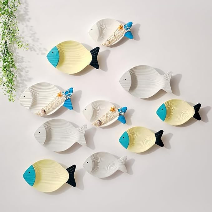2PC Beach Decor for Home or Ocean Decor Fish Hanging Wall Art Coastal Decor Ocean Bathroom Decor Nautical Wall Decor, Fish Decor for Bathroom, Patio or Pool. White Blue Net Wooden Vintage