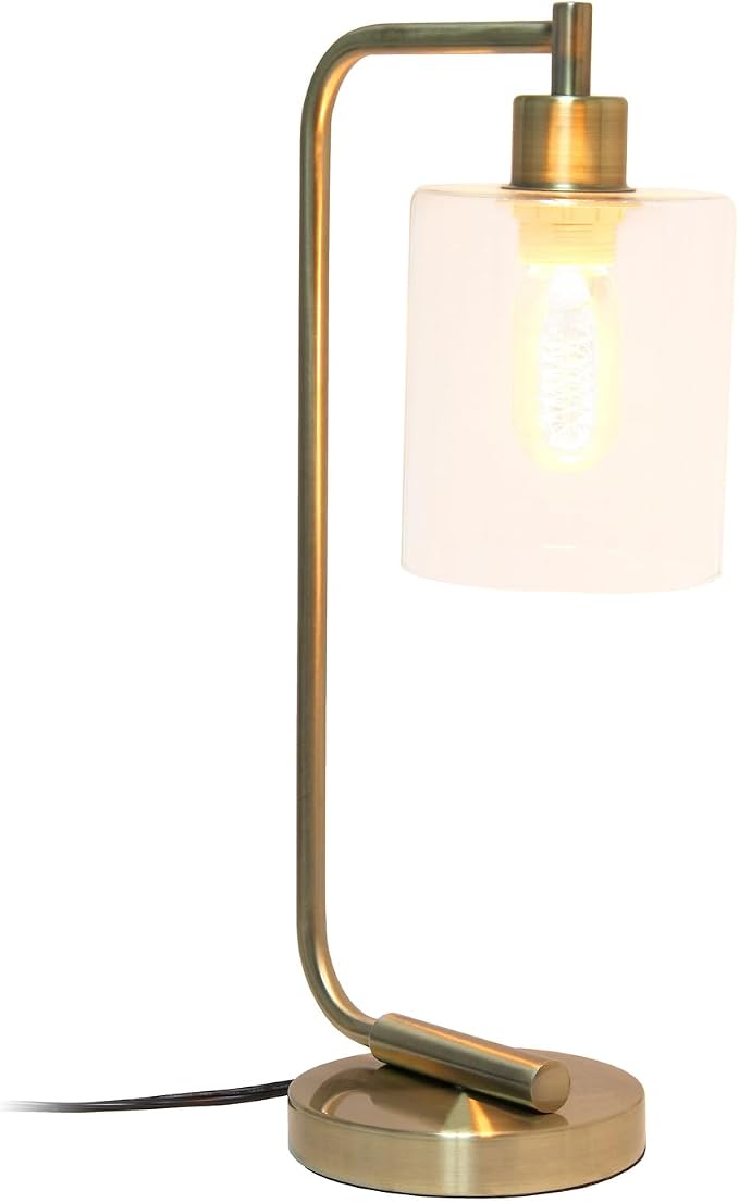 Simple Designs LD1036-ABS 18.8" Industrial Vintage Bronson Antique Style Industrial Iron Lantern Desk Table Lamp with Glass Cylinder Shade for Home Décor, Office, Living Room, Bedroom, Antique Brass
