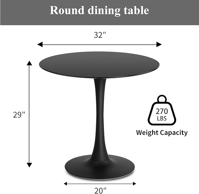 32" Black Round Dining Table, Mid-Century Modern Tulip Circle Kitchen Table with Thickened Top & Sturdy Pedestal Base, Small Round Bistro Table for 4 People, Space-Saving, Easy Assembly