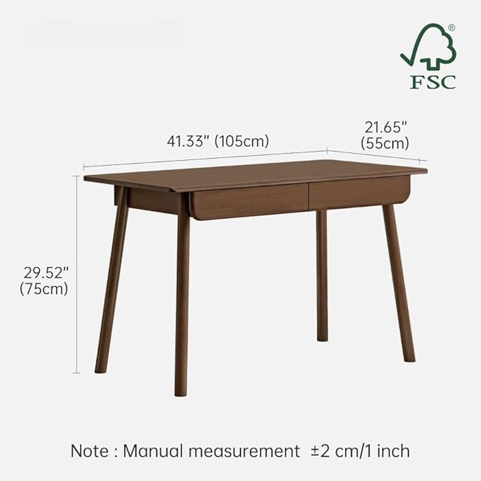 100% Solid Wood Desk with Drawers, Mid Century Modern Writing Desk, Walnut Color Office Desk for Study Bedroom Living Room 41.33" W