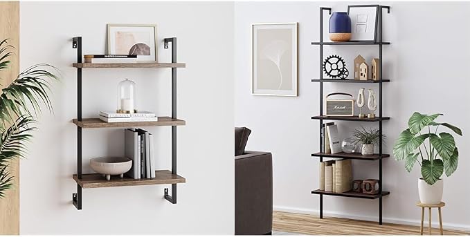 Nathan James Theo Industrial Pipe 3-Shelf & 5-Shelf Ladder Bookshelves, Rustic Oak/Matte Black and Brown Walnut/Black