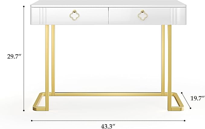 Tamworth Design White Vanity Desk with 2 Drawers, Gold and White Desk,Home Office Desk Modern Makeup Vanity Table, Entryway Console Table, Sofa Table (Deluxe Leg)