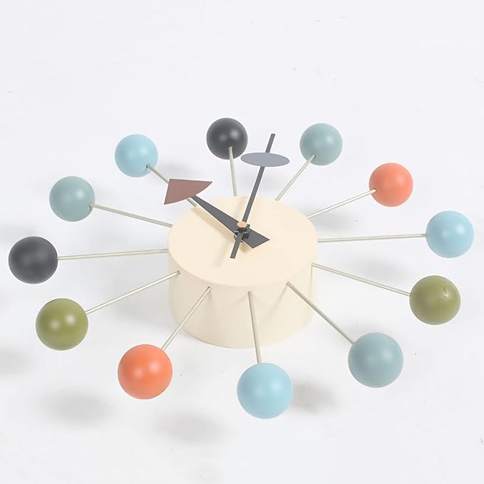 SHISEDECO Ball Clock in Multicolor, Painted Solid Wood Non Ticking Decorative Mid Century Modern Silent Wall Clocks Retro Design for Home, Kitchen, Living Room, Office etc.