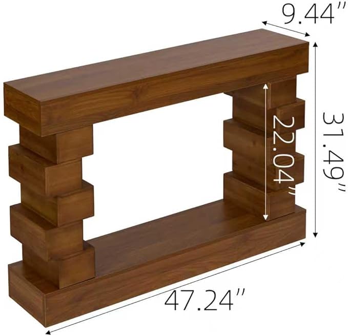 Wood Console Table, 47.24" Retro Long Boho Sofa Table Behind Couch with Geometric Block Stacked Design, Wooden Narrow Sofa Table Hall Table for Living Room Foyer Entrance Entryway, Brown