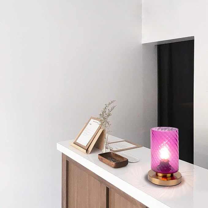 Bedside Table lamp mid Century Gold Table lamp mini nightstand lamp with Pink Glass Shade Gold Desk lamp Small Table lamp for Living Room Bedroom Office end Table