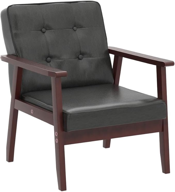 Okeysen Mid Century Modern Accent Chair, Retro Wood and Leather Armchairs Side Chair, Lounge Reading Comfy Arm Chair for Living Room, Bedroom, Office (Black)