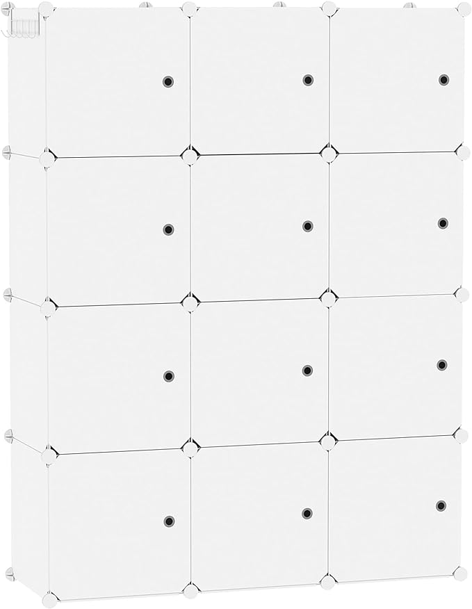 C&AHOME Cube Storage Organizer with Doors, 12-Cube Shelves, Closet Cabinet, DIY Plastic Modular Bookshelf Ideal for Home, Living Room, 36.6”L x 12.4”W x 48.4”H Milky USHS3012M-DOOR