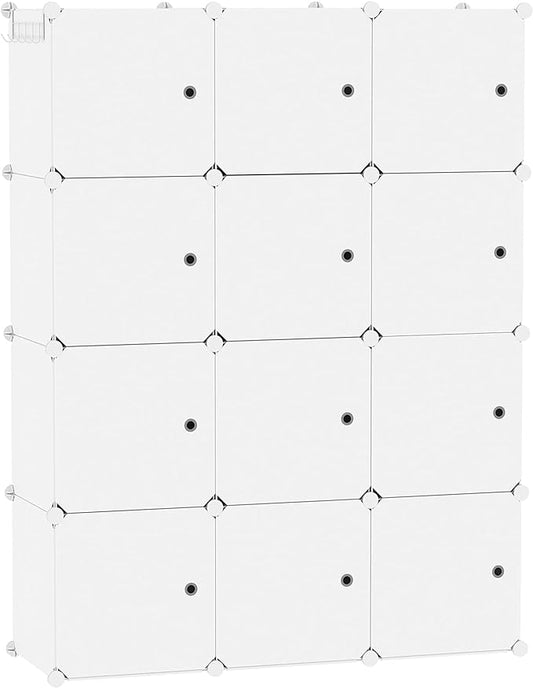 C&AHOME Cube Storage Organizer with Doors, 12-Cube Shelves, Closet Cabinet, DIY Plastic Modular Bookshelf Ideal for Home, Living Room, 36.6”L x 12.4”W x 48.4”H Milky USHS3012M-DOOR
