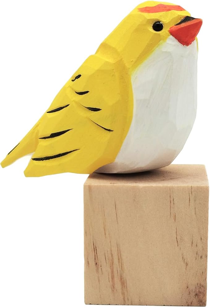 DIYOMR Bird Figurine, Hand Carved Birds Wood Décor, Art Animal Wooden Sculpted Bird with Wood Block, Vivid Bird Statue for Gift Home Table Ornament Decor (Yellow Bird)