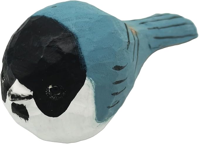 DIYOMR Hand Carved Wooden Bird Statue, Art Animal Sculpture with Wood Block, Vivid Blue Sparrow for Gift Home Table Ornament Decor