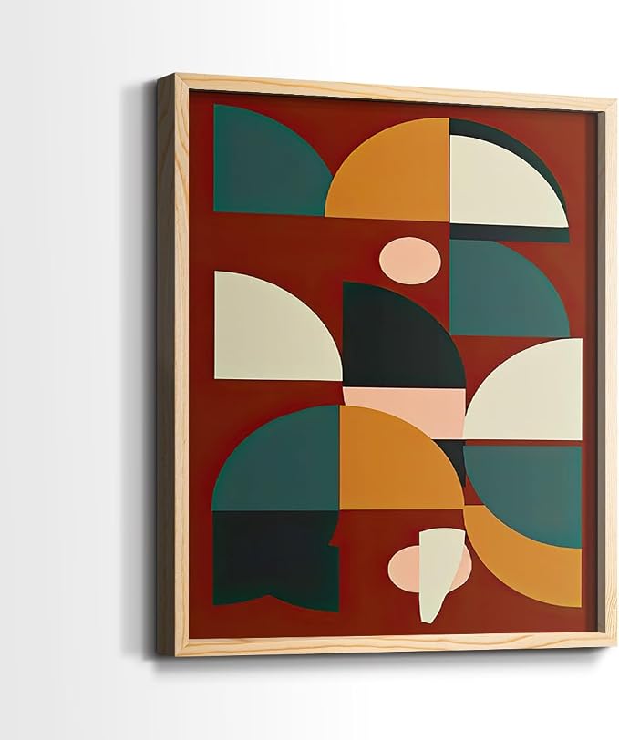 Renditions Gallery Set of 2 Peel & Stick Framed Prints, Mid Century Abstract Wall Art, Modern Geometric Shapes Wall Decor, Re-Stickable - Ready to Hang - 22"x28" - NATURAL WOOD Frame LT588