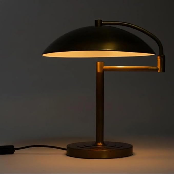 Mid Century Modern Brass Desk Lamp – 1950s Vintage Table Lamp with Dome Shade, Adjustable Swivel Arm, Heavy Solid Base, Retro Bedside Reading Light for Office, Living Room, Bedroom (Blackened Brass)