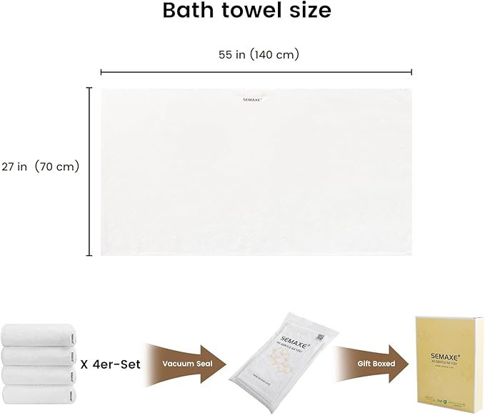 SEMAXE White Bath Towels Set of 4, 100% Cotton Luxury Bathroom Towels, Soft, Absorbent, and Quick-Drying, 55"x27", Perfect for Hotels, Gyms, and Spas