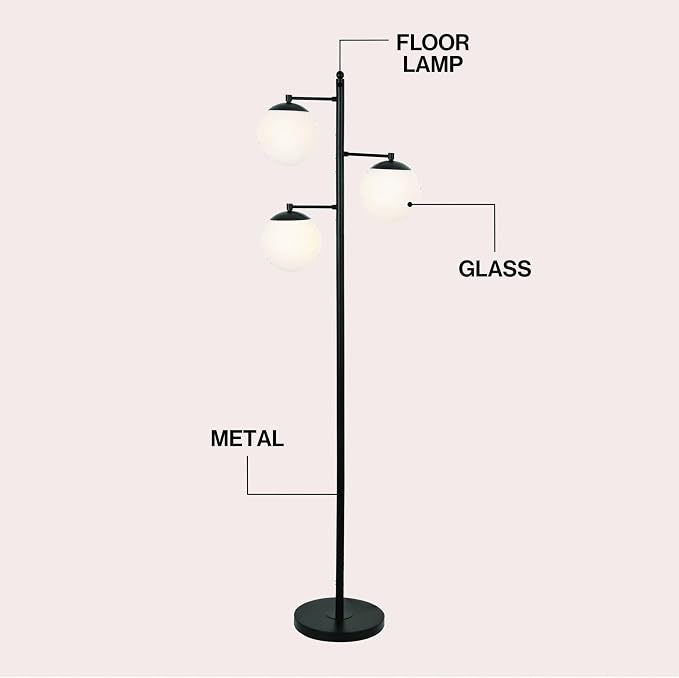 JONATHAN Y 66" Black Modern 3-Light Metal Cylinder Floor Lamp Mid-Century Tree Standing Lamp for Living Room Bedroom with White Glass Globe Shades LED Bulbs Included JYL3087B