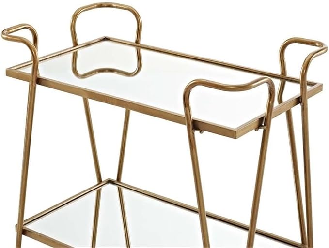 Pemberly Row Mid-Century Mirrored Bar Cart, Gold Finish, Iron and Mirror Construction, 30" W x 17.38" D x 31.75" H, Castors for Easy Mobility, Versatile Storage for Home or Entertaining Spaces