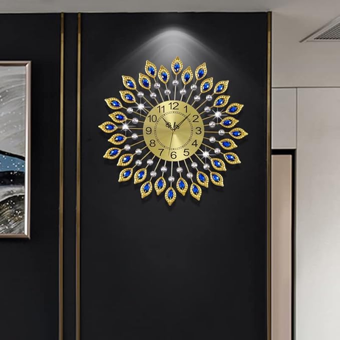 21.2 Inch Gold Large Wall Clocks for Living Room Decor,Elegant 3D Modern Wall Clock with Dial Arabic Numberals Non-Ticking Silent Big Wall Clocks,Diamond Round Home Decoration Kitchen Clocks