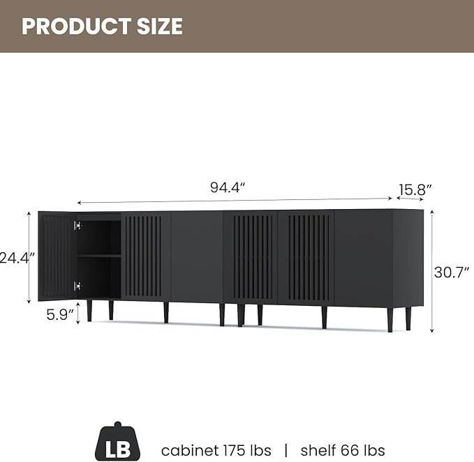 CHUWELL Modern Storage Cabinet, 94.4" Buffet Cabinet with 6 DIY Doors and Adjustable Shelf, Sideboard Coffee Bar with Solid Wood Feet for Kitchen,Dining Room,Living Room,Black