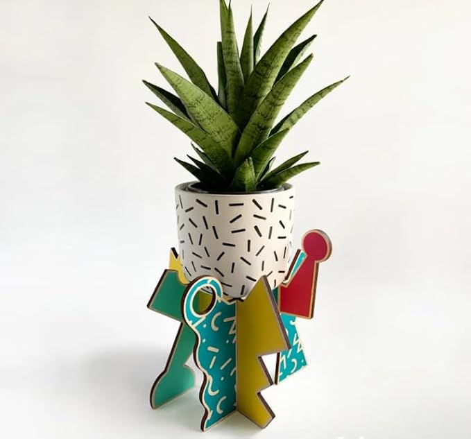 Retro Geometric Indoor Plant Stand Wooden Holder for Small Pots Mid Century Style Decor (Regular)