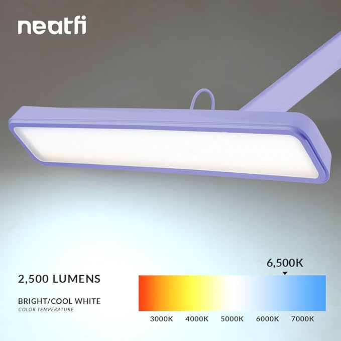 Neatfi Task Lamp – 2,500 Lumens, 30W, 22-Inch Wide Shade, 4 Brightness Levels, Eye-Caring Light, Clamp Mount, LED Task Light for Manicure Table, Crafts, Workbench, Office (Non-CCT, Lavender)