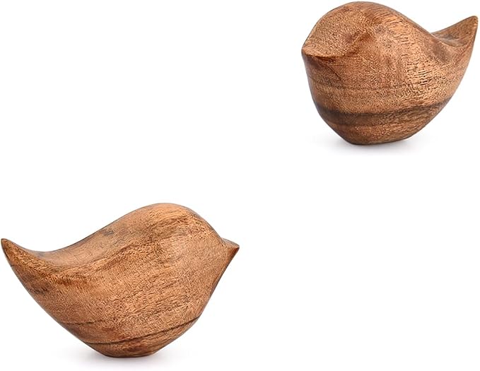 Kaizen Casa Statues Set of 2 Hand-Carved Wooden Bird Statues for Living Room, Bedroom, Tabletop – Boho Home Accents & Animal Gifts for Women, Bird Lovers (3.5'' X 2'' X 2.25'')