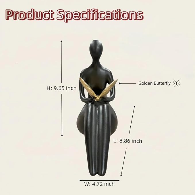 Lescafita Black Abstract Sitting Figurine with Gold Butterfly – Modern Resin Sculpture for Shelf, Desk, Living Room & Office Decor, Minimalist Shelf Sitter Statue for Home Decoration