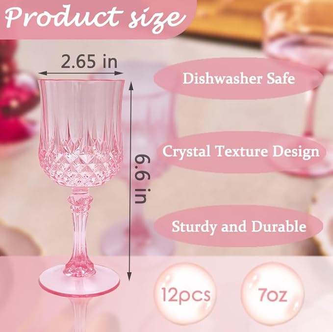 Plastic Wine Glasses, Plastic Goblets Vintage Style Cordial Drinking Glasses for Valentine’s Day, Wedding Reception, Grand Event Party Supplies (12, Pink)